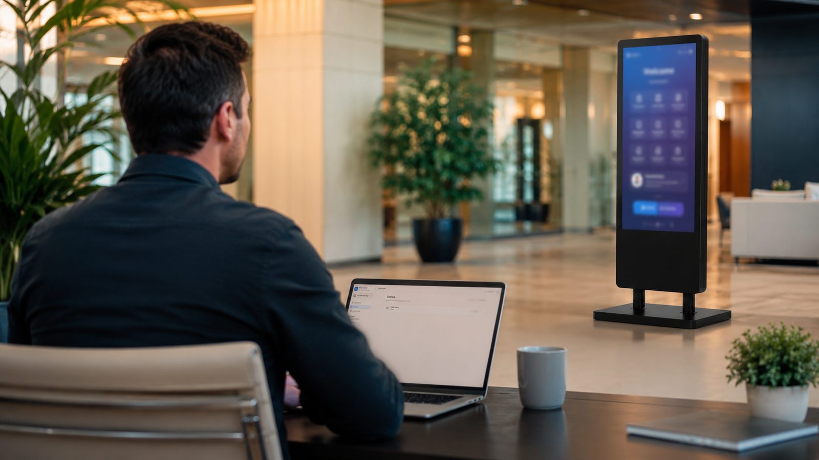 Operations manager at a laptop remotely managing a HootBoard kiosk across the lobby