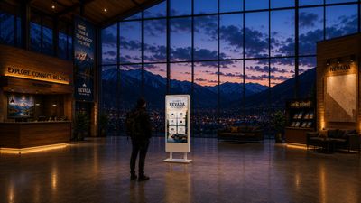 Mountain welcome center at dusk with an interactive visitor kiosk