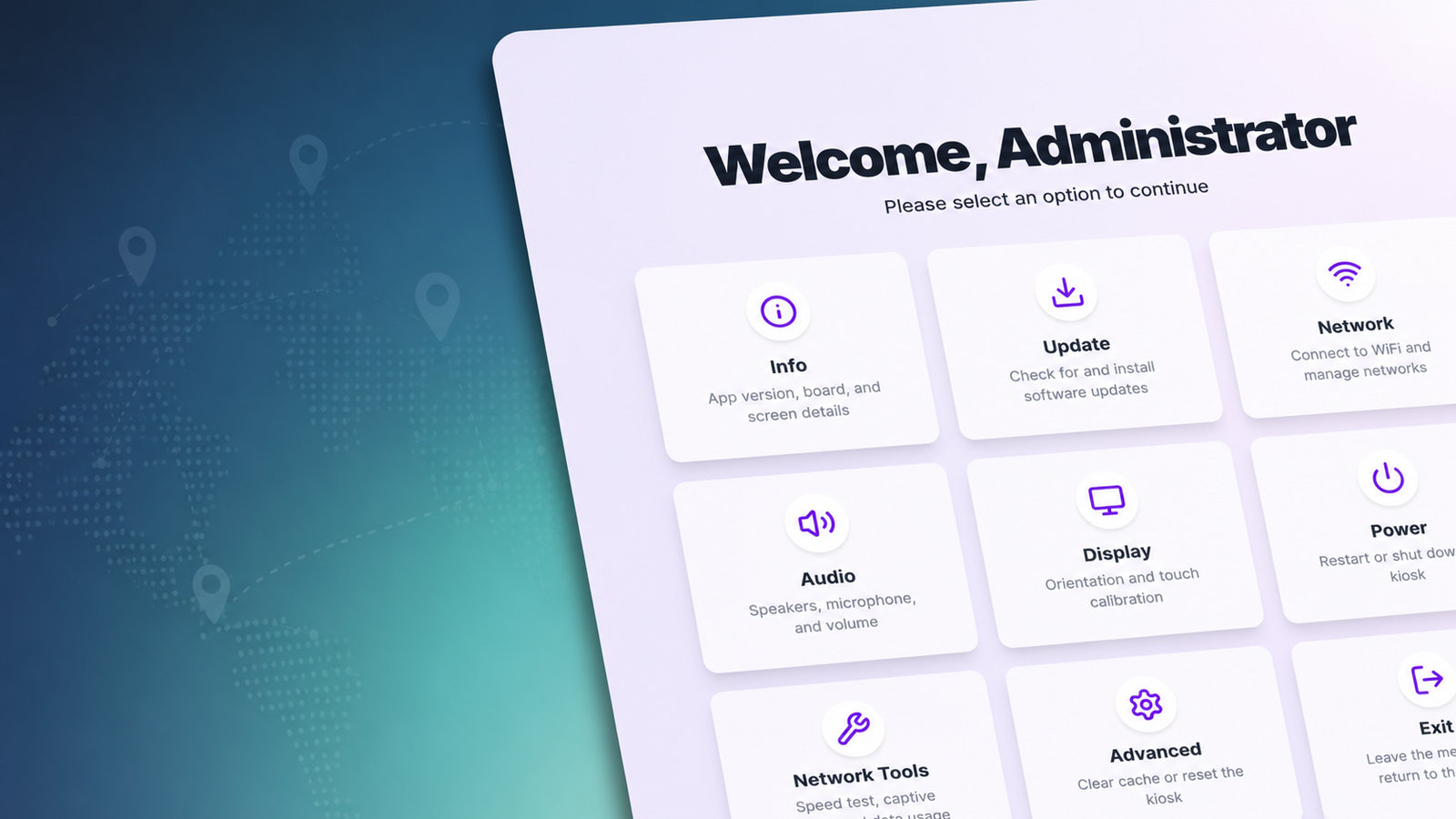 HootBoard on-screen Admin Panel with tiles for Info, Update, Network, Audio, Display, Power, Network Tools, and Advanced