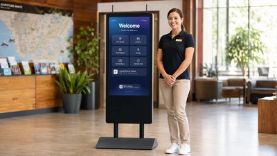 HootBoard kiosk in a bright visitor center lobby with a smiling staff member standing beside it