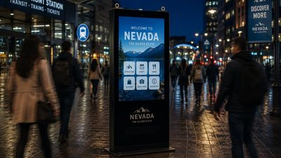 Interactive kiosk in a busy transit plaza at night