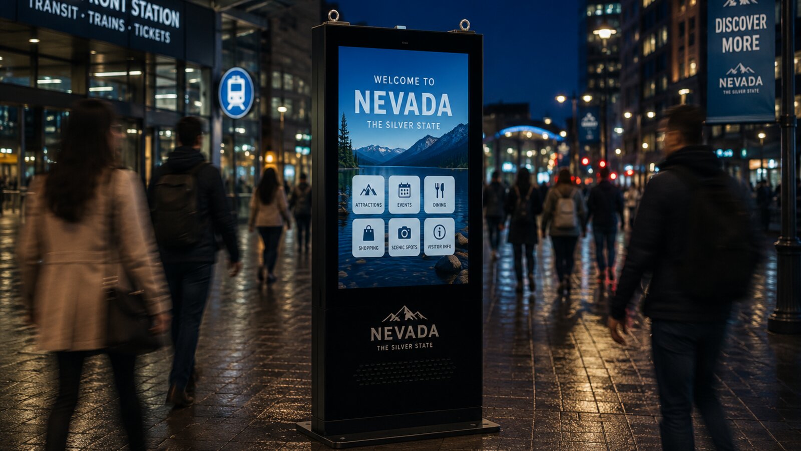 Interactive kiosk in a busy transit plaza at night