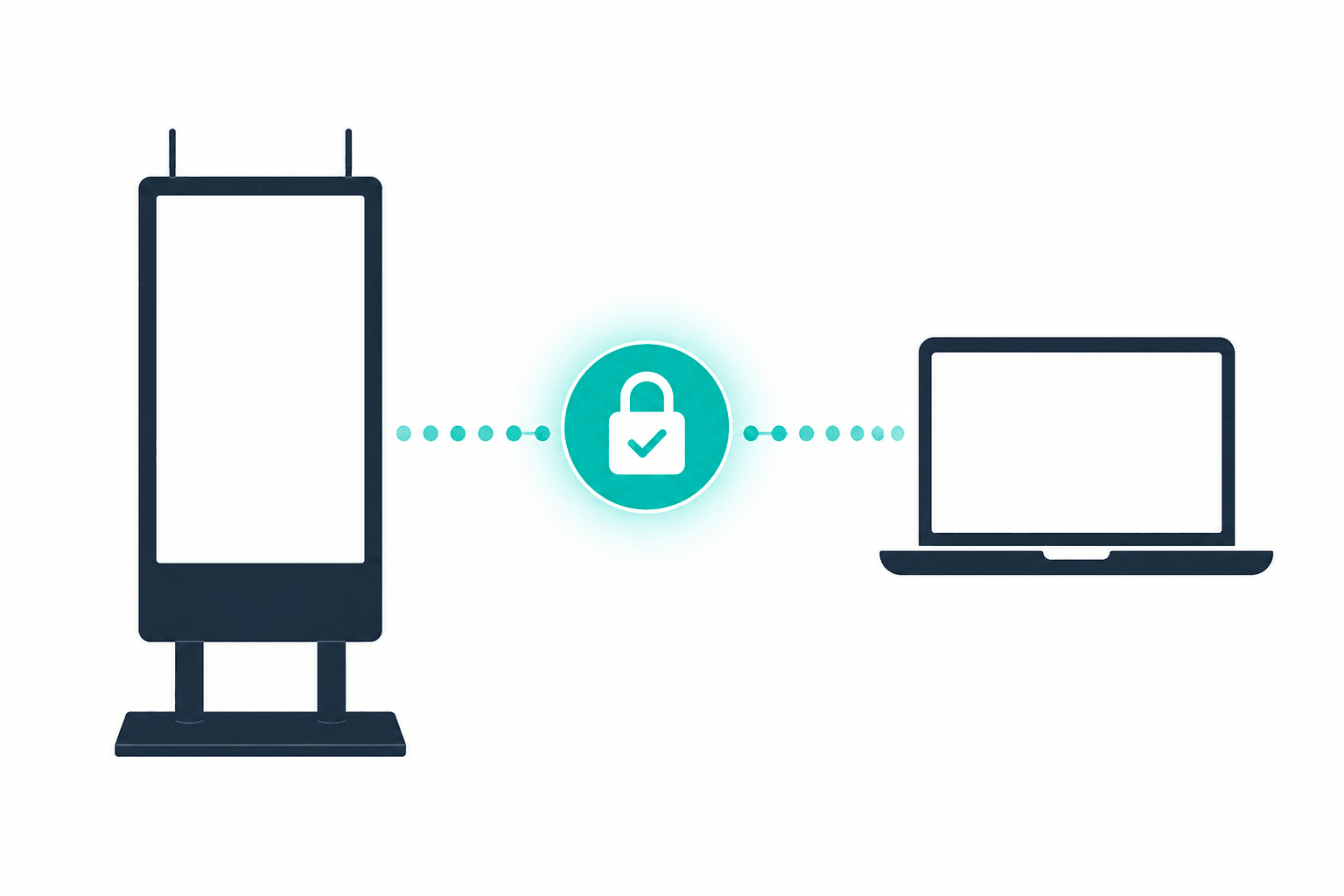 Illustration of a kiosk and a laptop connected by a secure verified link with a padlock badge
