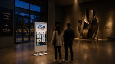 Interactive visitor kiosk in a modern museum lobby
