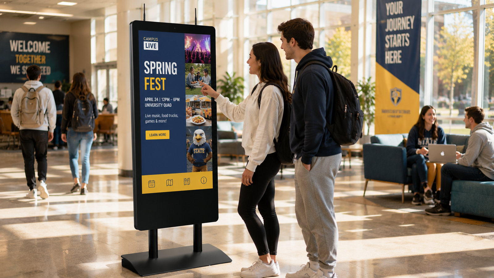 Students browse campus events on a HootBoard AirX kiosk in a university student union