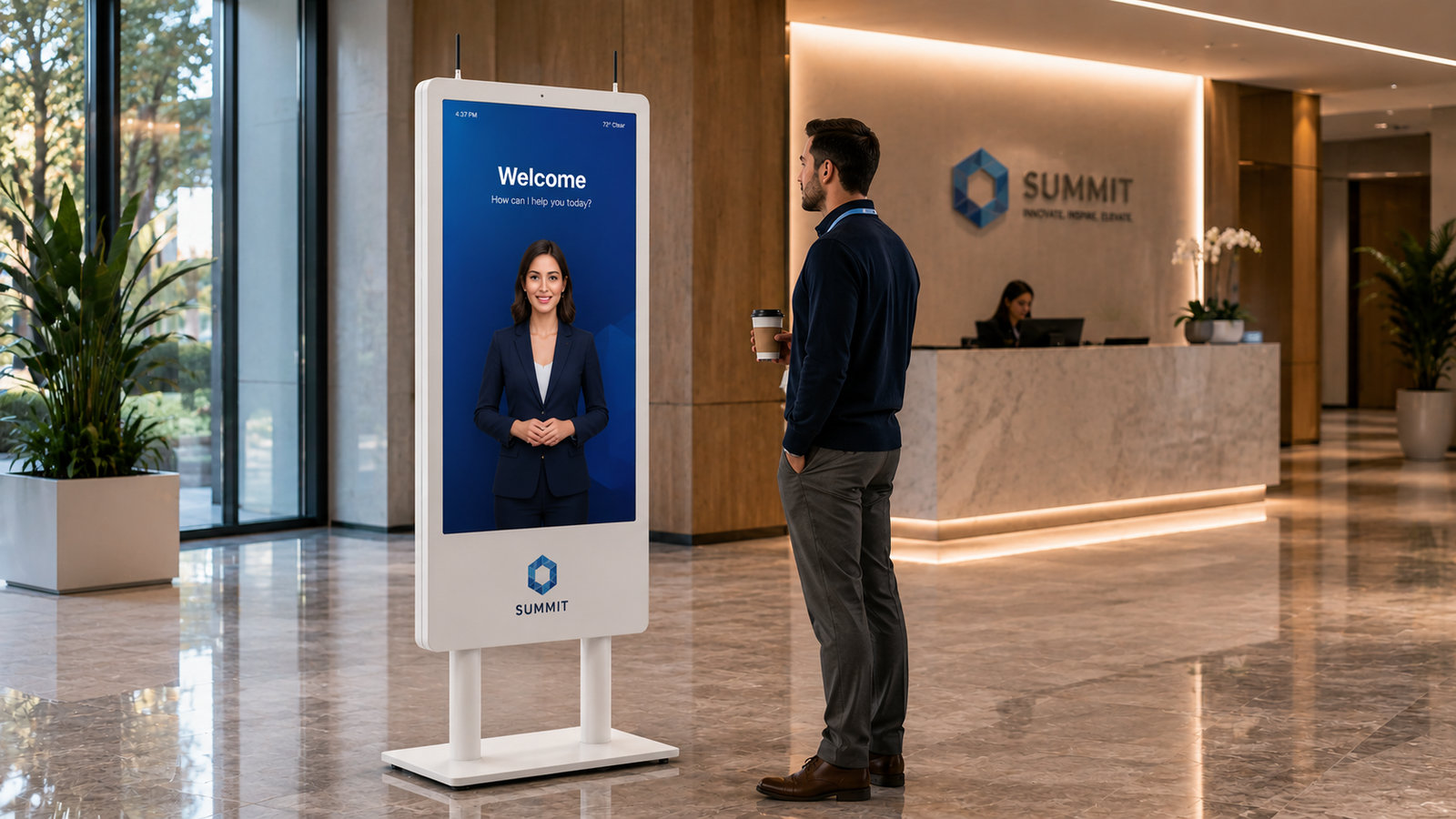 An employee talks to an AI concierge on a white HootBoard AirX kiosk in a corporate headquarters lobby