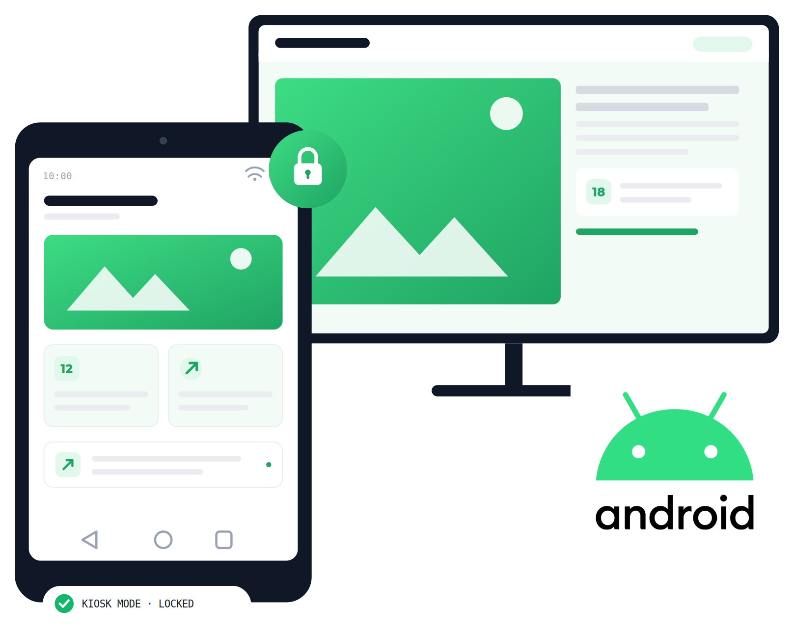 Android tablet and TV locked into kiosk mode with HootBoard Kiosk Lockdown, with the official Android logo