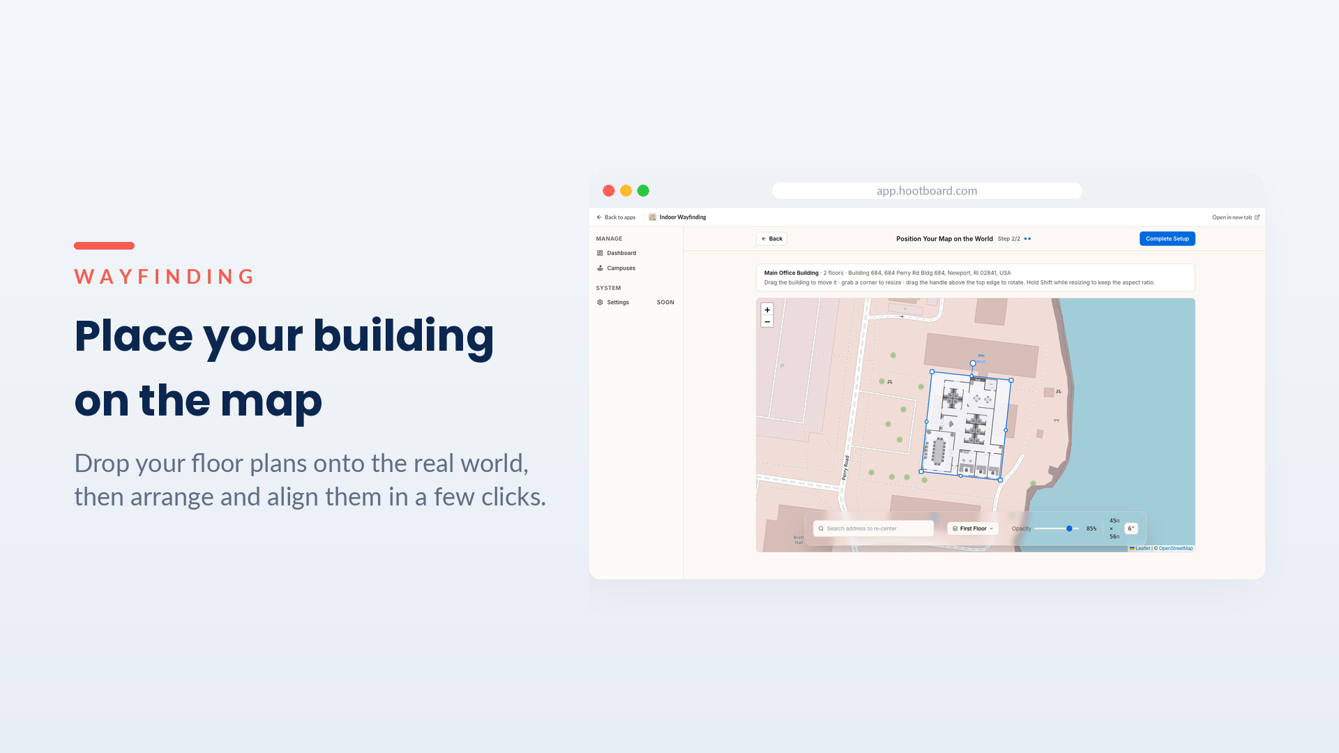 Positioning building floor plans on the real-world map in HootBoard Wayfinding admin